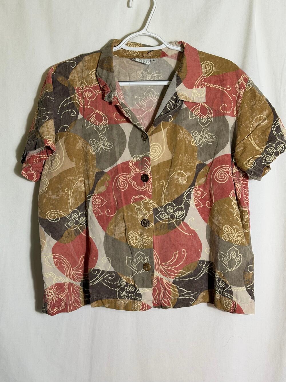 Vintage Hot Cotton Abstract Floral Button Front Blouse Women’s M Art Print USA